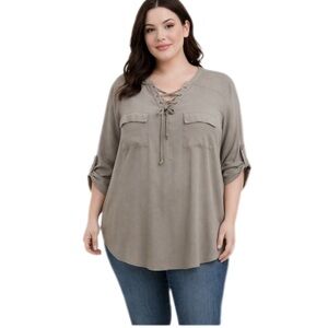 Torrid Lace Up Blouse Gray 3/4 Sleeves With Roll Tabs Lightweight Plus Size 0